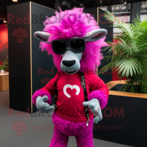 Magenta Ram mascot costume character dressed with a Jeggings and Sunglasses