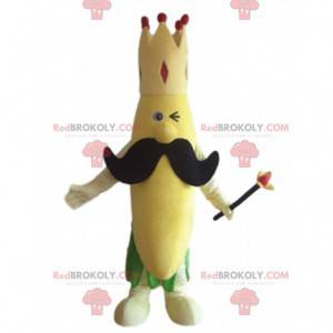 Bananenmaskottchen mit Krone und großem Schnurrbart -