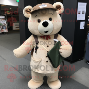 Beige Bear mascot costume character dressed with a Henley Tee and Messenger bags