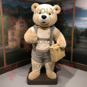 Beige Bear mascot costume character dressed with a Henley Tee and Messenger bags