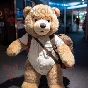 Beige Bear mascot costume character dressed with a Henley Tee and Messenger bags