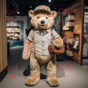 Beige Bear mascot costume character dressed with a Henley Tee and Messenger bags
