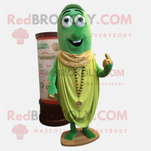 Rust Green Bean mascot costume character dressed with a Cardigan and Necklaces