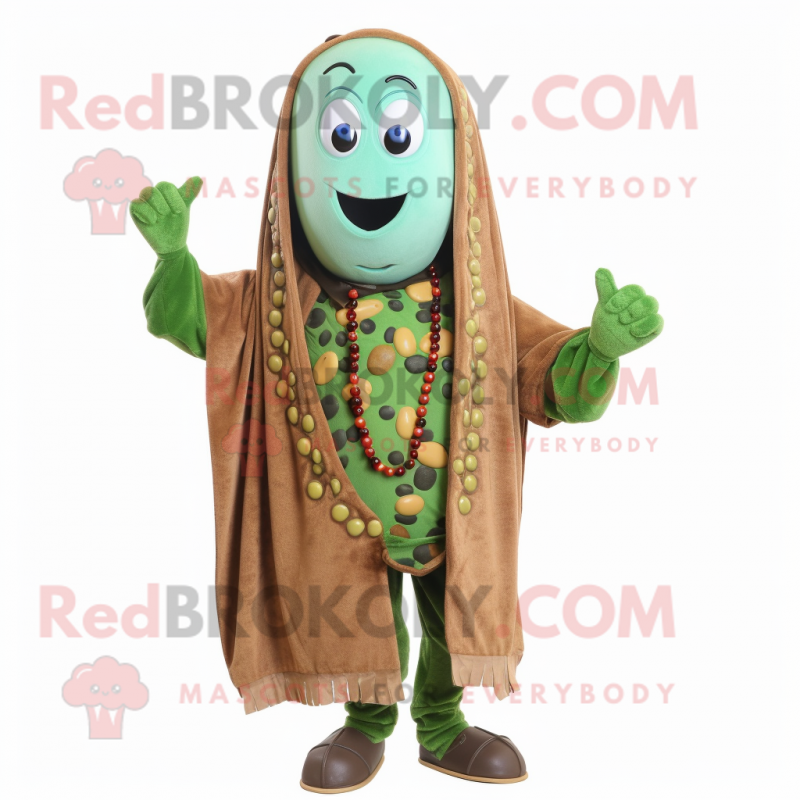 Rust Green Bean mascot costume character dressed with a Cardigan and Necklaces