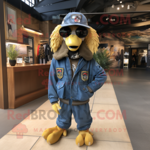 Gold Special Air Service mascot costume character dressed with a Denim Shirt and Shawls