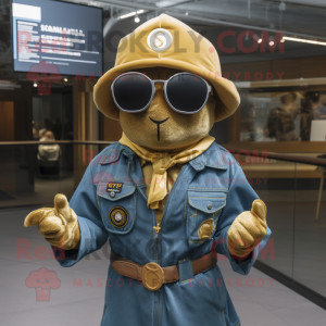 Gold Special Air Service mascot costume character dressed with a Denim Shirt and Shawls