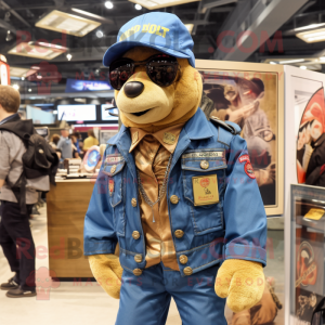 Gold Special Air Service mascot costume character dressed with a Denim Shirt and Shawls