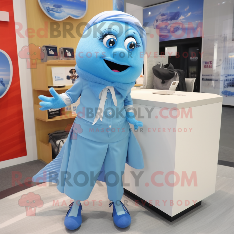 Sky Blue Cod mascot costume character dressed with a Pencil Skirt and Shoe clips Sky Blue Cod mascot costume character dressed with a Pencil Skirt and Shoe clips