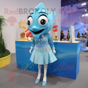 Sky Blue Cod mascot costume character dressed with a Pencil Skirt and Shoe clips