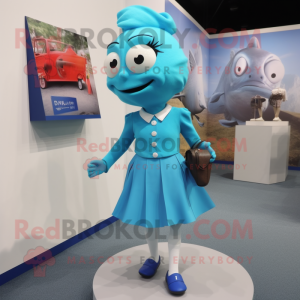 Sky Blue Cod mascot costume character dressed with a Pencil Skirt and Shoe clips