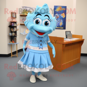 Sky Blue Cod mascot costume character dressed with a Pencil Skirt and Shoe clips