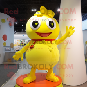 Yellow Frog mascot costume character dressed with a Flare Jeans and Keychains