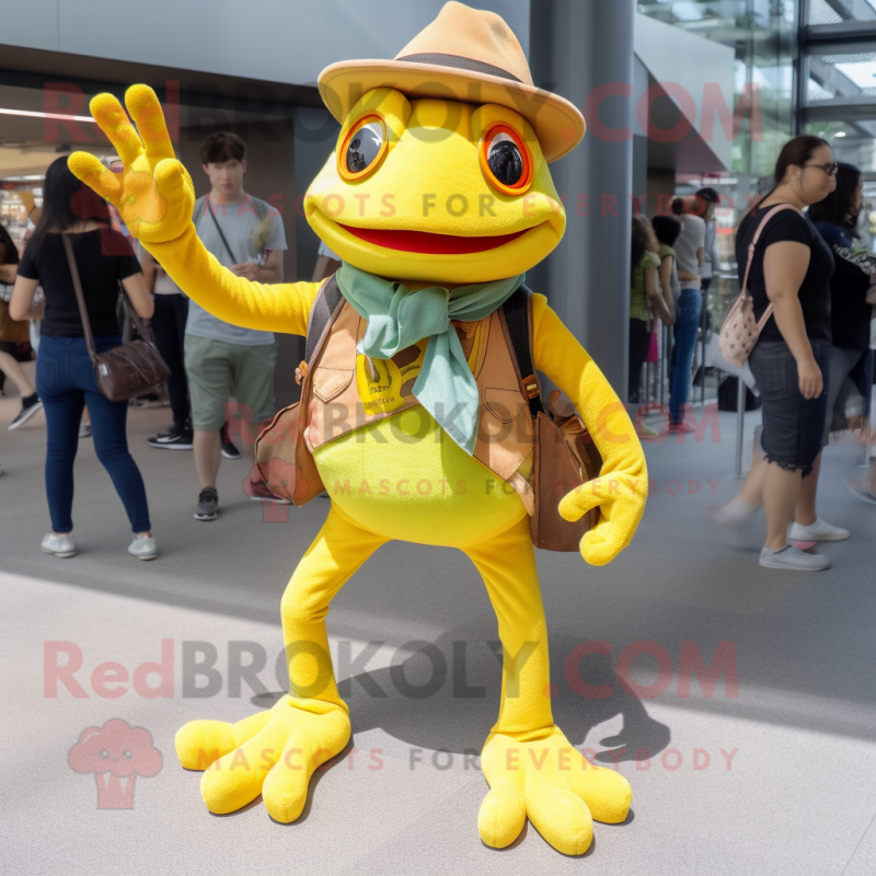 Yellow Frog mascot costume character dressed with a Flare Jeans and Keychains