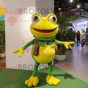 Yellow Frog mascot costume character dressed with a Flare Jeans and Keychains