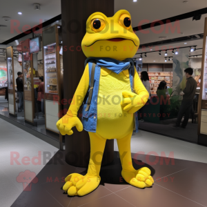 Yellow Frog mascot costume character dressed with a Flare Jeans and Keychains