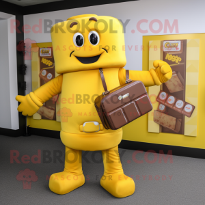 Yellow Chocolate Bar mascot costume character dressed with a Jumpsuit and Briefcases