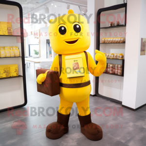 Yellow Chocolate Bar mascot costume character dressed with a Jumpsuit and Briefcases