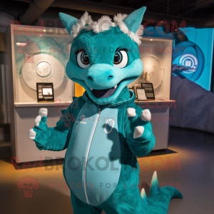 Teal Dragon mascot costume character dressed with a Sweatshirt and Rings