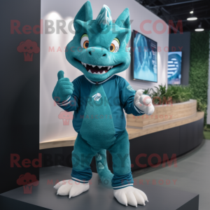 Teal Dragon mascot costume character dressed with a Sweatshirt and Rings