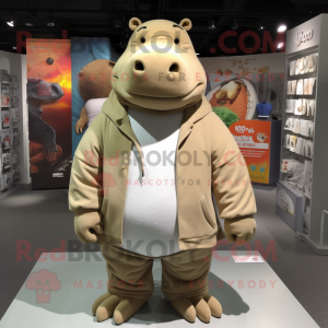 Tan Hippopotamus mascot costume character dressed with a Sweatshirt and Lapel pins