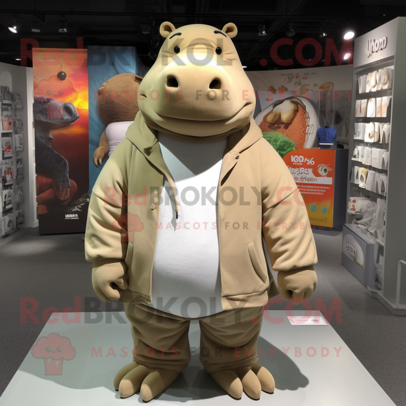 Tan Hippopotamus mascot costume character dressed with a Sweatshirt and Lapel pins Tan Hippopotamus mascot costume character dressed with a Sweatshirt and Lapel pins