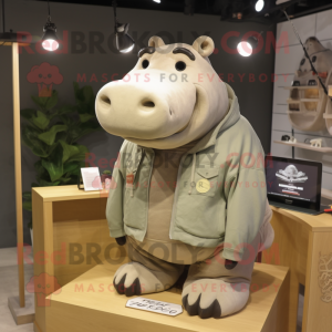 Tan Hippopotamus mascot costume character dressed with a Sweatshirt and Lapel pins