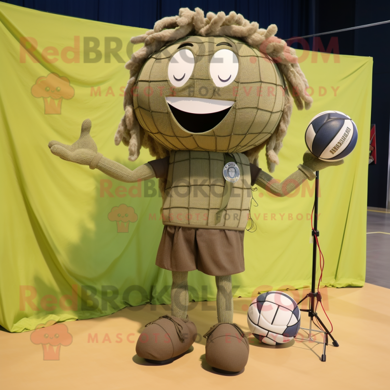 Olive Volleyball Net mascot costume character dressed with a Cargo Shorts and Rings Olive Volleyball Net mascot costume character dressed with a Cargo Shorts and Rings