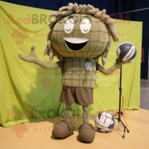 Olive Volleyball Net mascot costume character dressed with a Cargo Shorts and Rings