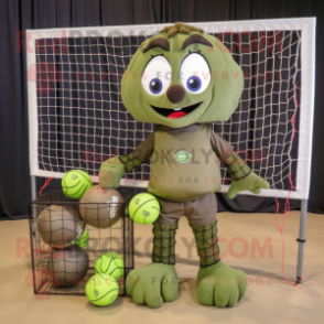 Olive Volleyball Net mascot costume character dressed with a Cargo Shorts and Rings