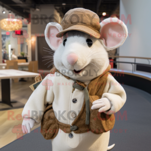 Cream Rat mascot costume character dressed with a Sweater and Hat pins