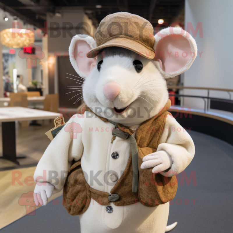 Cream Rat mascot costume character dressed with a Sweater and Hat pins Cream Rat mascot costume character dressed with a Sweater and Hat pins