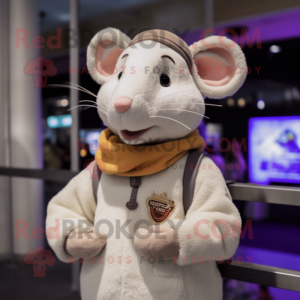 Cream Rat mascot costume character dressed with a Sweater and Hat pins