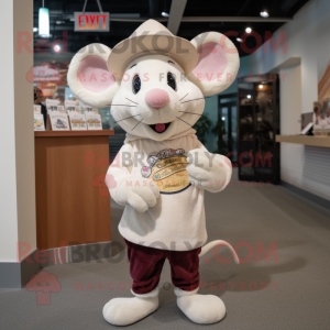 Cream Rat mascot costume character dressed with a Sweater and Hat pins
