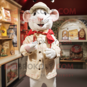 Cream Rat mascot costume character dressed with a Sweater and Hat pins