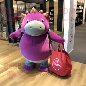 Magenta Glyptodon mascot costume character dressed with a Flare Jeans and Tote bags
