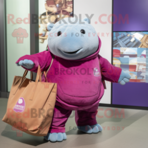 Magenta Glyptodon mascot costume character dressed with a Flare Jeans and Tote bags