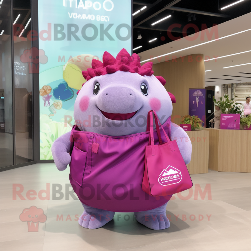 Magenta Glyptodon mascot costume character dressed with a Flare Jeans and Tote bags Magenta Glyptodon mascot costume character dressed with a Flare Jeans and Tote bags