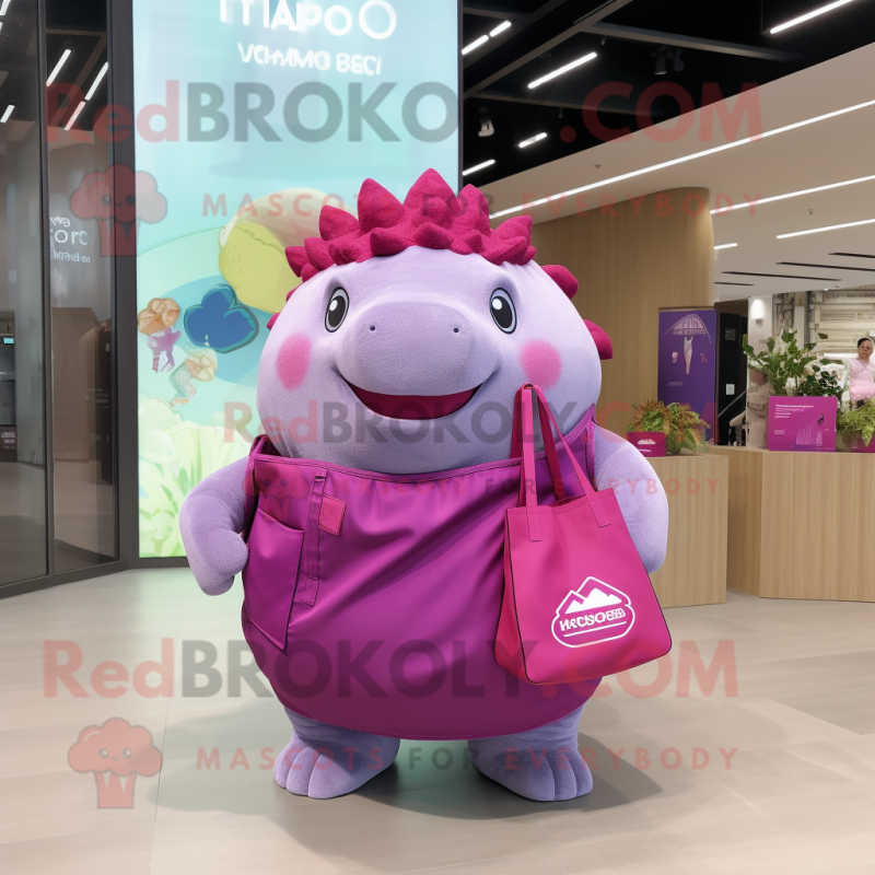 Magenta Glyptodon mascot costume character dressed with a Flare Jeans and Tote bags