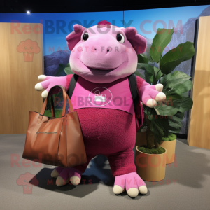 Magenta Glyptodon mascot costume character dressed with a Flare Jeans and Tote bags