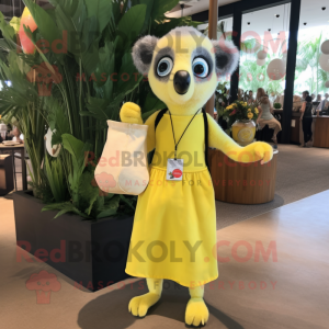 Lemon Yellow Lemur mascot costume character dressed with a Cocktail Dress and Tote bags