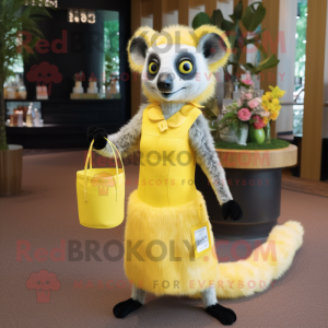 Lemon Yellow Lemur mascot costume character dressed with a Cocktail Dress and Tote bags