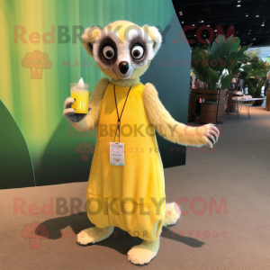 Lemon Yellow Lemur mascot costume character dressed with a Cocktail Dress and Tote bags