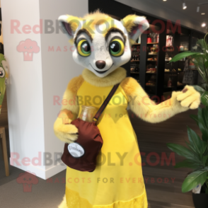Lemon Yellow Lemur mascot costume character dressed with a Cocktail Dress and Tote bags