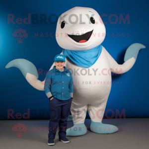 Beige Blue Whale mascot costume character dressed with a Jumpsuit and Necklaces