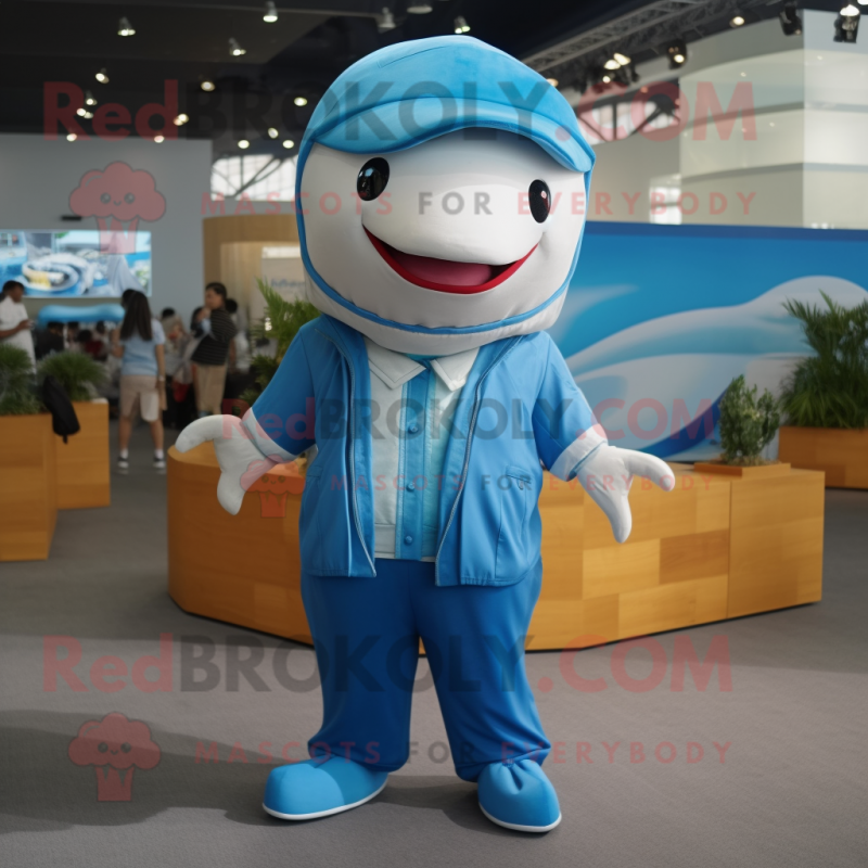 Beige Blue Whale mascot costume character dressed with a Jumpsuit and Necklaces Beige Blue Whale mascot costume character dressed with a Jumpsuit and Necklaces