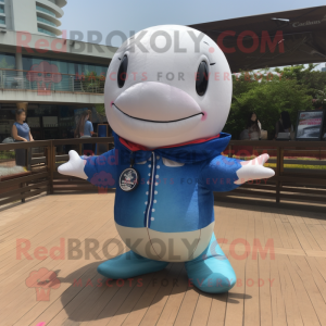 Beige Blue Whale mascot costume character dressed with a Jumpsuit and Necklaces