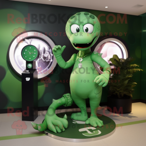 Green Hydra mascot costume character dressed with a Graphic Tee and Digital watches