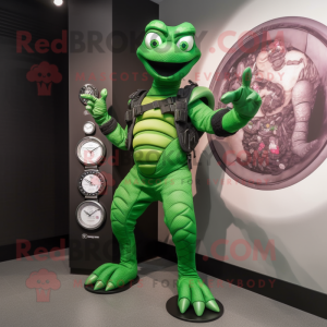 Green Hydra mascot costume character dressed with a Graphic Tee and Digital watches