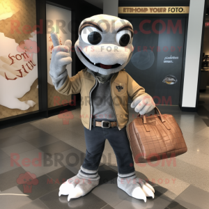 Gray Snake mascot costume character dressed with a Leather Jacket and Tote bags