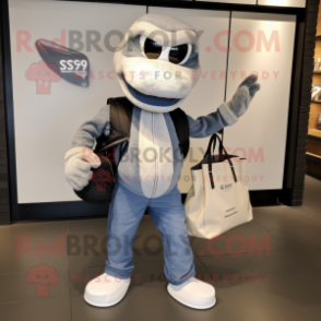 Gray Snake mascot costume character dressed with a Leather Jacket and Tote bags